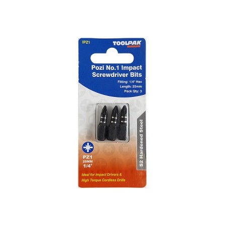 PZ.1 Impact Screwdriver Insert Bit 25mm Pack of 3 Toolpak 